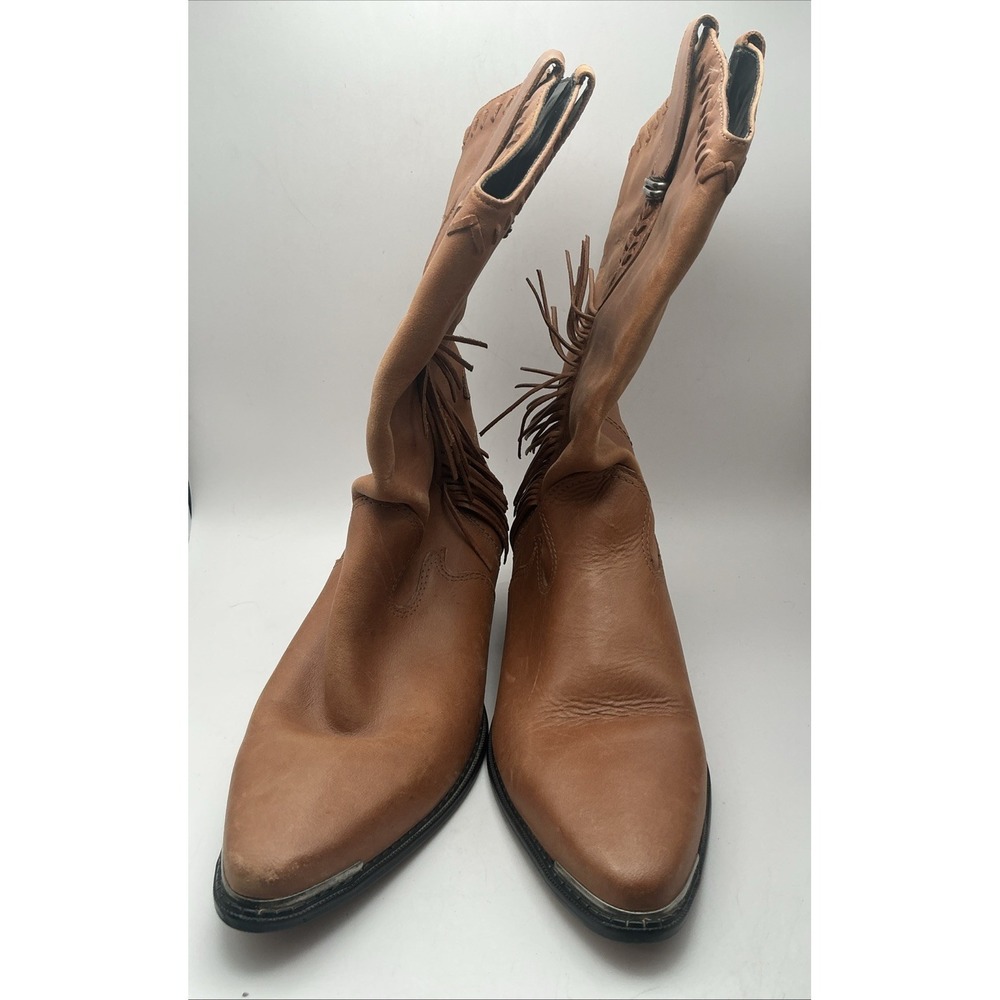 Vintage Code West Fringe Cowboy Boots Womens 7M Tan Leather Western Cowgirl Boho